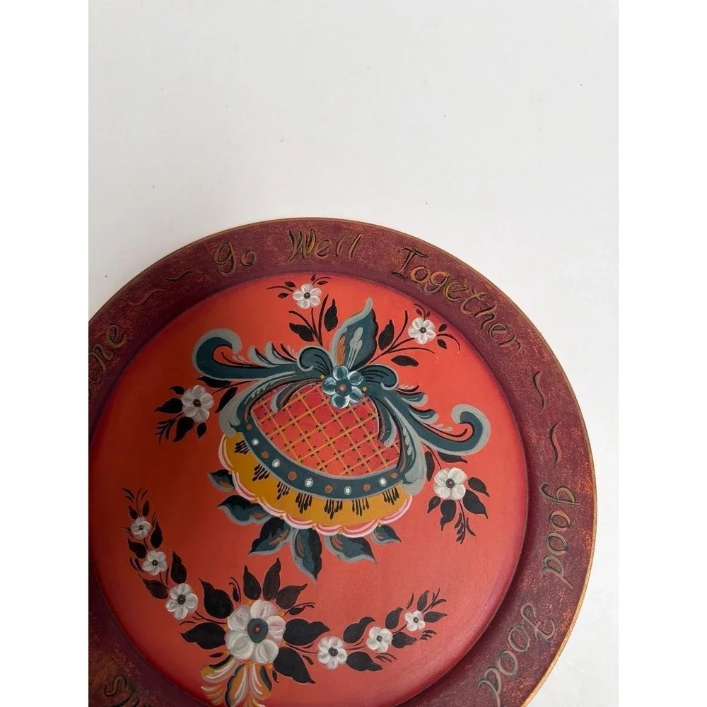 Vintage Hand-Painted Rosemaling Wooden Plate - Good Food, Good Wine, Good Friend